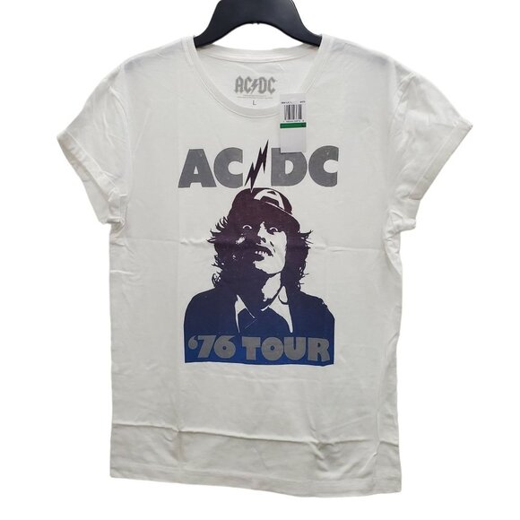 AC/DC Women's White Angus Bust '76 Tour Graphic Band Tee NWT Size L - Picture 1 of 4